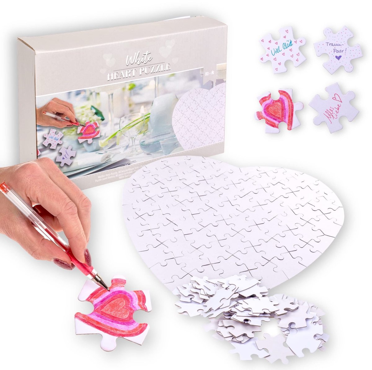 Dailygoody - Witte hartvormige puzzel - personaliseerbare puzzel - 80 beschrijfbare delen - 60 x 60 cm - uniek cadeau - bruiloftspuzzle - voor elke ge...