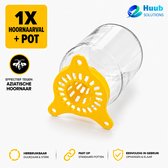 Gele hoornaarval met een glazen pot. Tekst: 1x hoornaarval + pot. Effectief tegen Aziatische hoornaars.