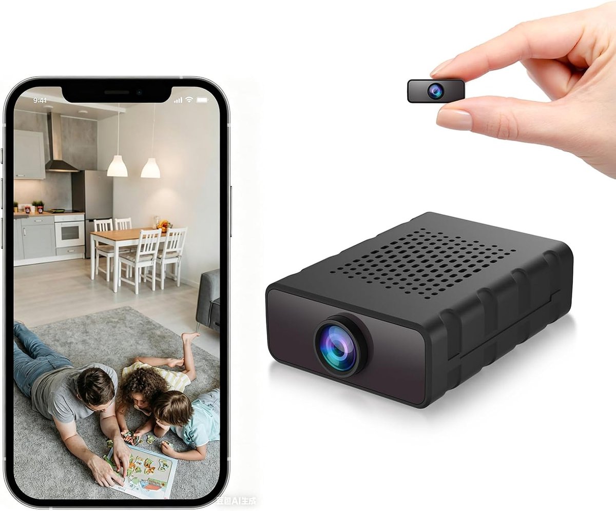Daity Minicamera — Verbeterd model 2026: WiFi-beveiligingscamera — Combineert bewakings- en huisdierbewakingsfuncties — Ondersteunt bewegingsdetectie, nachtzicht en bediening op afstand via app, inclusief "No-WiFi-modus" (Zwart)