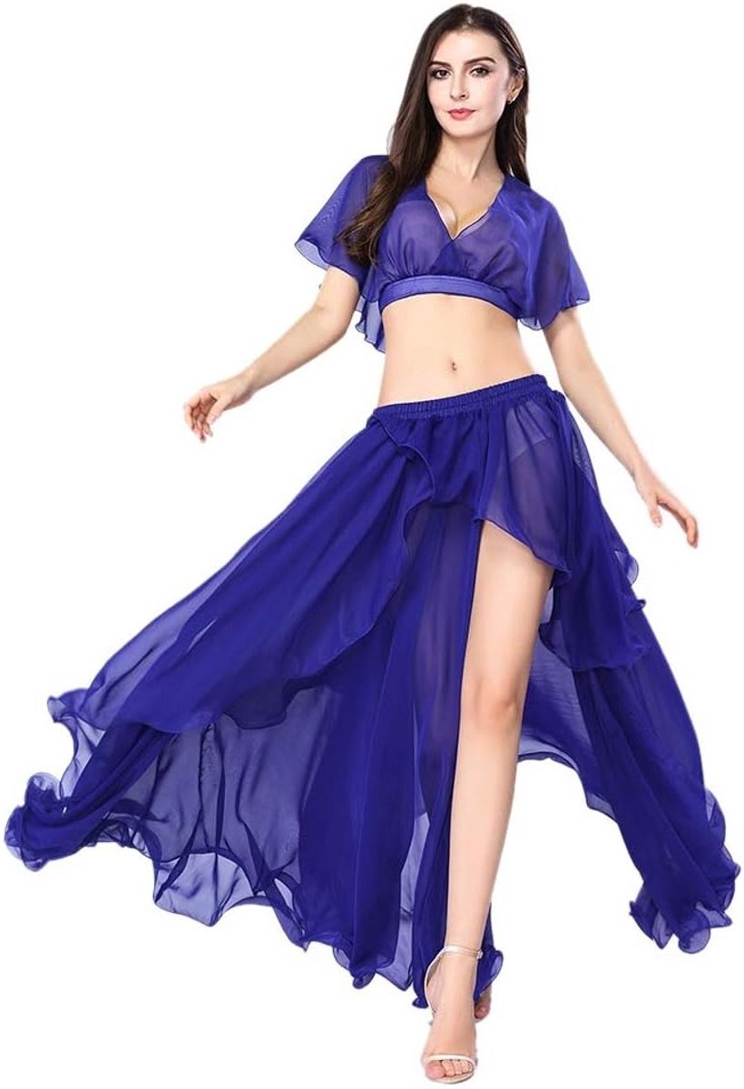 Bellydance Outfit voor Dames - Chiffon Rok en Top Set voor Dansperformances in Effen Kleuren