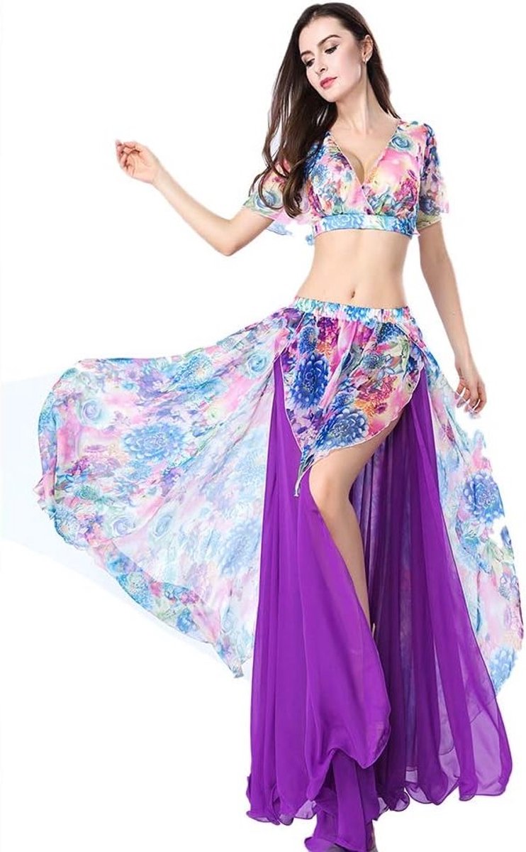 Buikdans Top en Rok Set voor Vrouwen - Sexy Chiffon Dansoutfit met Bloemenprint en Prestaties Jurken
