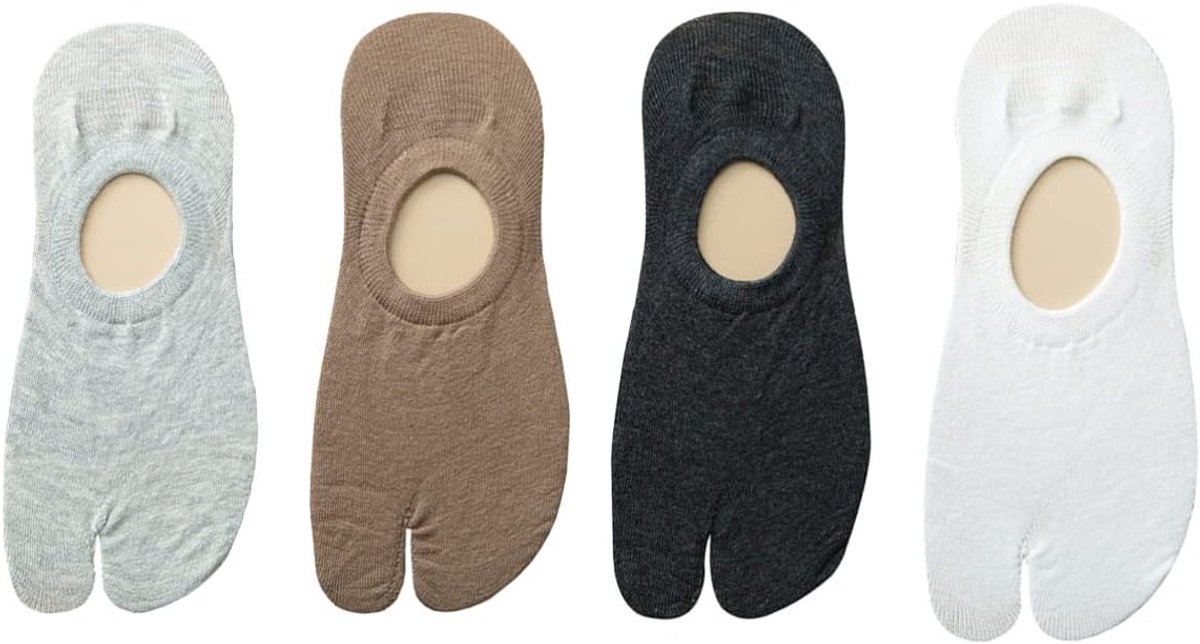 Tabi sokken met 2 tenen: 4 paar antislip, onzichtbare, lage sokken voor sneakers en boten, perfect voor kimono's