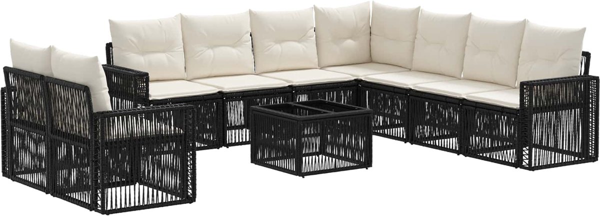 vidaXL - Tuinbank - Set - 10 - pcs - Zwart - en - Crème - Wit - poly - rattan