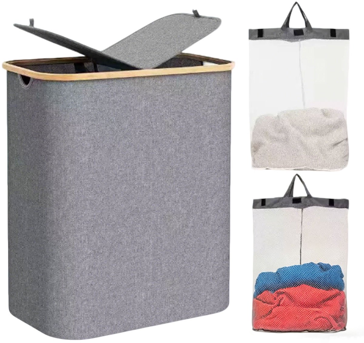 Dubbel vakken wasmand met deksel - 150 liter - Uitneembare waszakken - Grote opvouwbare wassorteerdoos - Grijs - Geschikt voor slaapkamer, wasruimte, kast, badkamer en studentenkamer