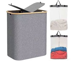 Wasmand - Wasmand 2 vakken - Wasmand met deksel - Groot volume 160 liter - Wassorteerder - Opvouwbaar - Verdeelde opbergmand - Geschikt voor slaapkamer, wasruimte, kast, badkamer en studentenkamer - Grijs