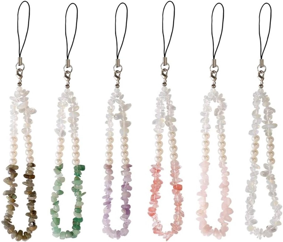 Kleurrijke Natuurlijke Kristallen Telefoonketting met Parels en Fuzzy Charm - Universele Mobiele Telefoon Sieraad, Anti-verlies Sleutelhanger en Polsband voor Smartphones