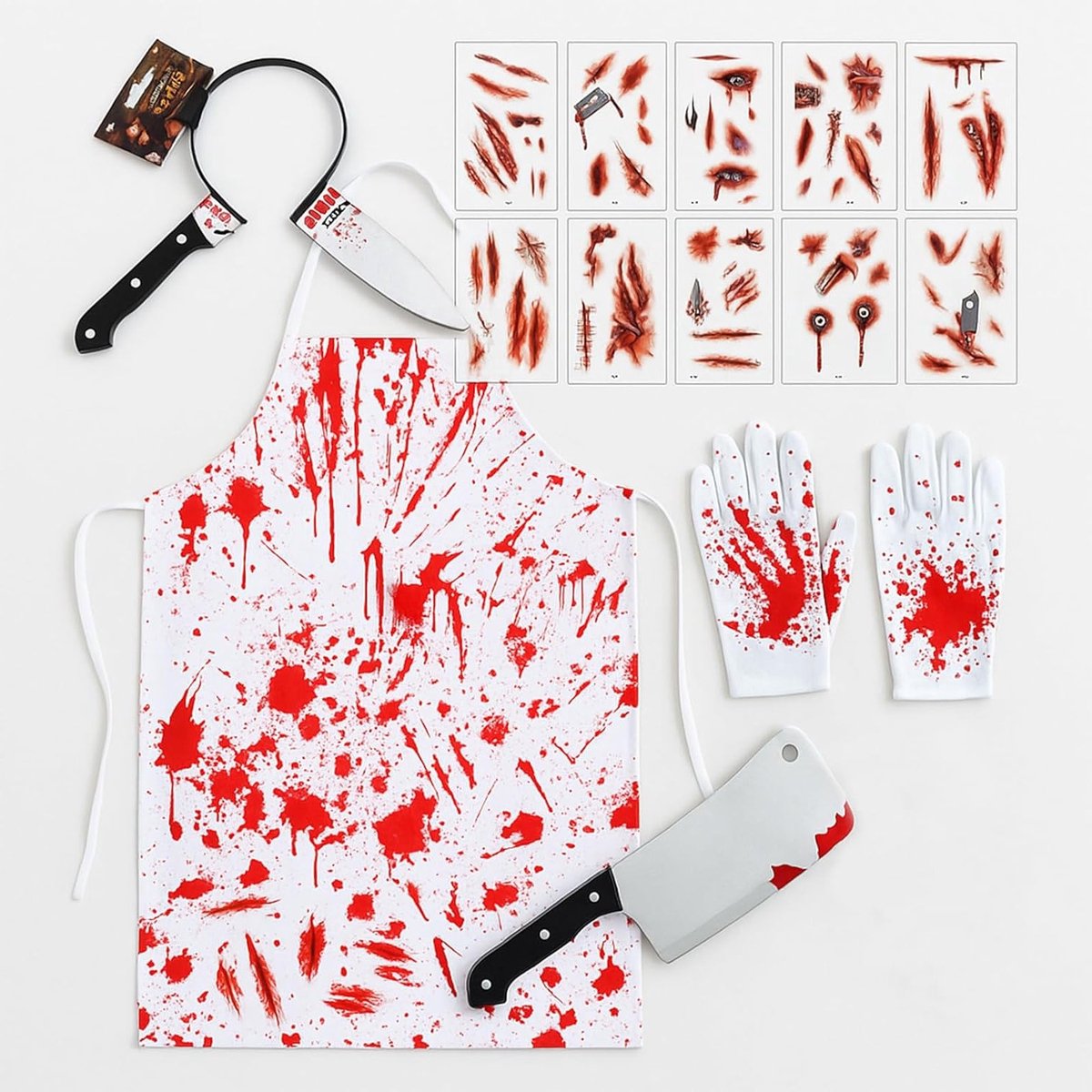 Halloween Kostuum Set 5 in 1 met Bloedige Schort, Nepmes, Hoofdband, Tatoeages en Handschoenen voor een Angstaanjagende Chef of Seriële Moordenaar Outfit voor Feest en Carnaval