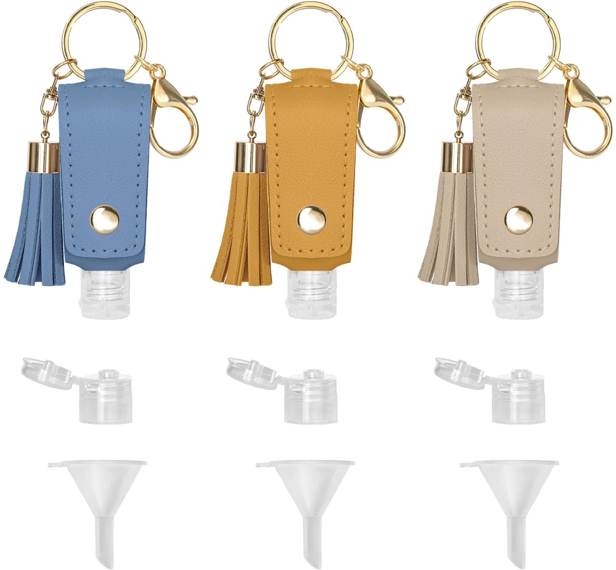 Dailygoody - 3 Stuks Hervulbare Fles Sleutelhanger - Draagbare Reisfles - Herbruikbaar - Ideaal voor Outdoor en School - Met PU Lederen Hoes - In