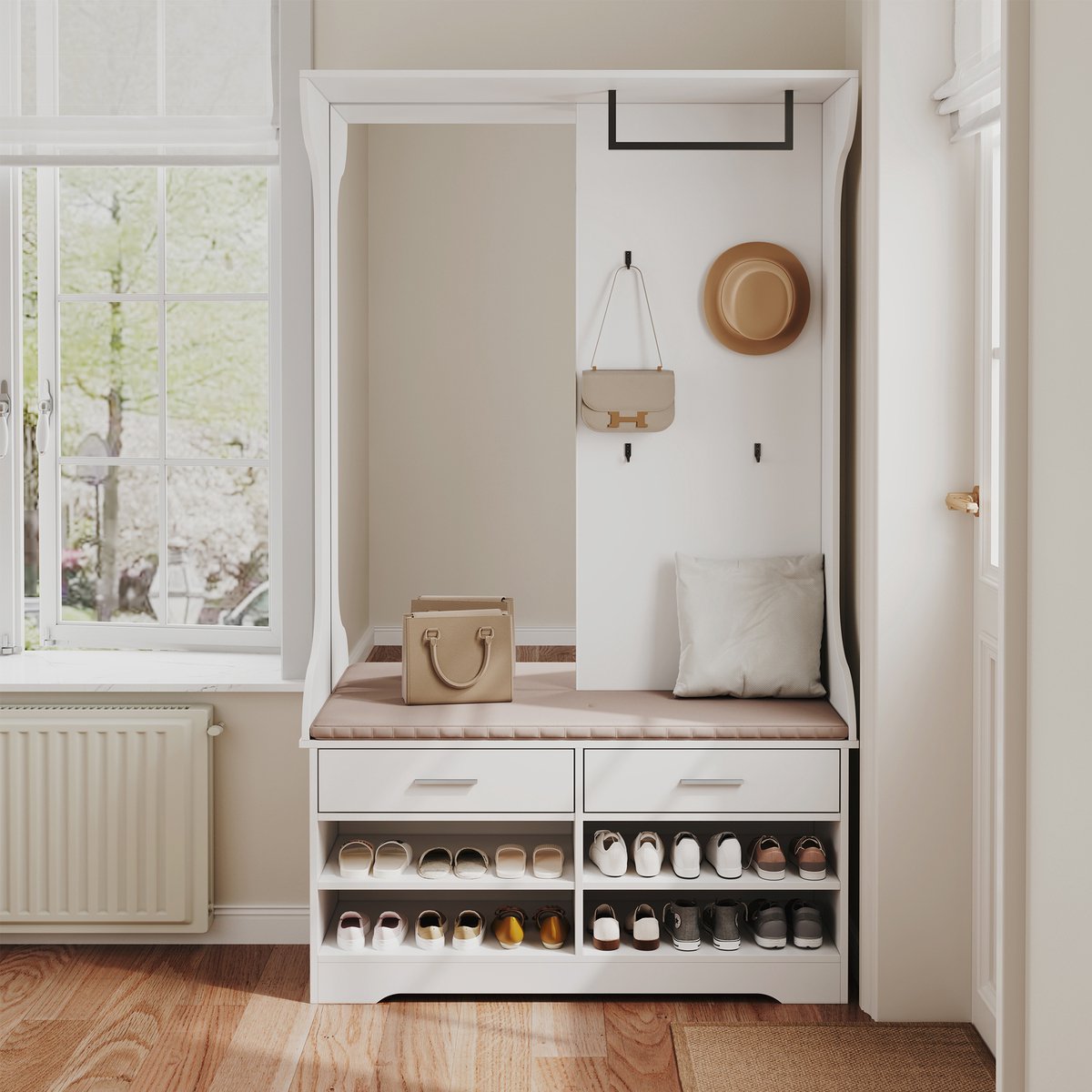 Witte Multifunctionele Kapstokbank met Spiegel, Haakjes & Schoenenrek, 104x35x180cm