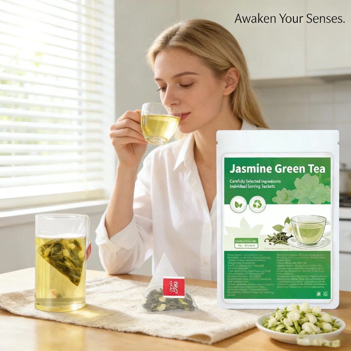 Jasmijn Groene Thee – 30 Individuele Portiezakjes (90g) – 100% Natuurlijk – Verfijnd Aroma – Premium Groene Thee met Jasmijnbloemen