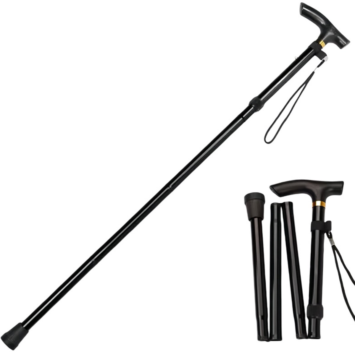 Aluminium opvouwbare wandelstok – Lichtgewicht, inklapbare stok met draaglus, antislip rubberen dop – Draagbaar loophulpmiddel voor op reis, voor mannen en vrouwen