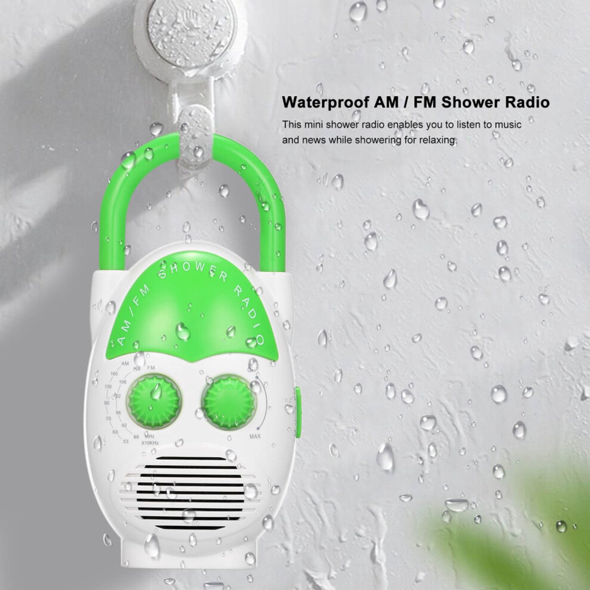 Draagbare AM/FM-doucheradio, waterdichte luidspreker, badkamerradio, instelbaar volume, Geschikt voor kaartlezer.