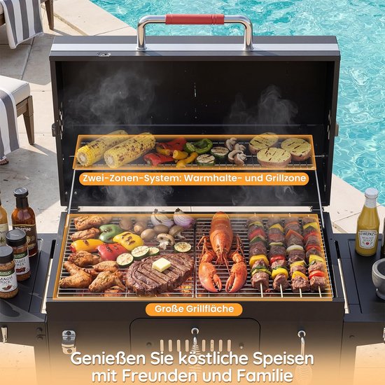 Houtskool BBQ Grillwagen XXL met Smoker en Deksel - House&Garden RVS Barbecue Grill met Thermometer, Gietijzeren Grillrooster, Warmhoudrek, Verstelbare Kolenplaat, Spiesen Set en Opbergplanken - Buiten BBQ voor Tuin, Camping en Outdoor Koken — afbeelding 2