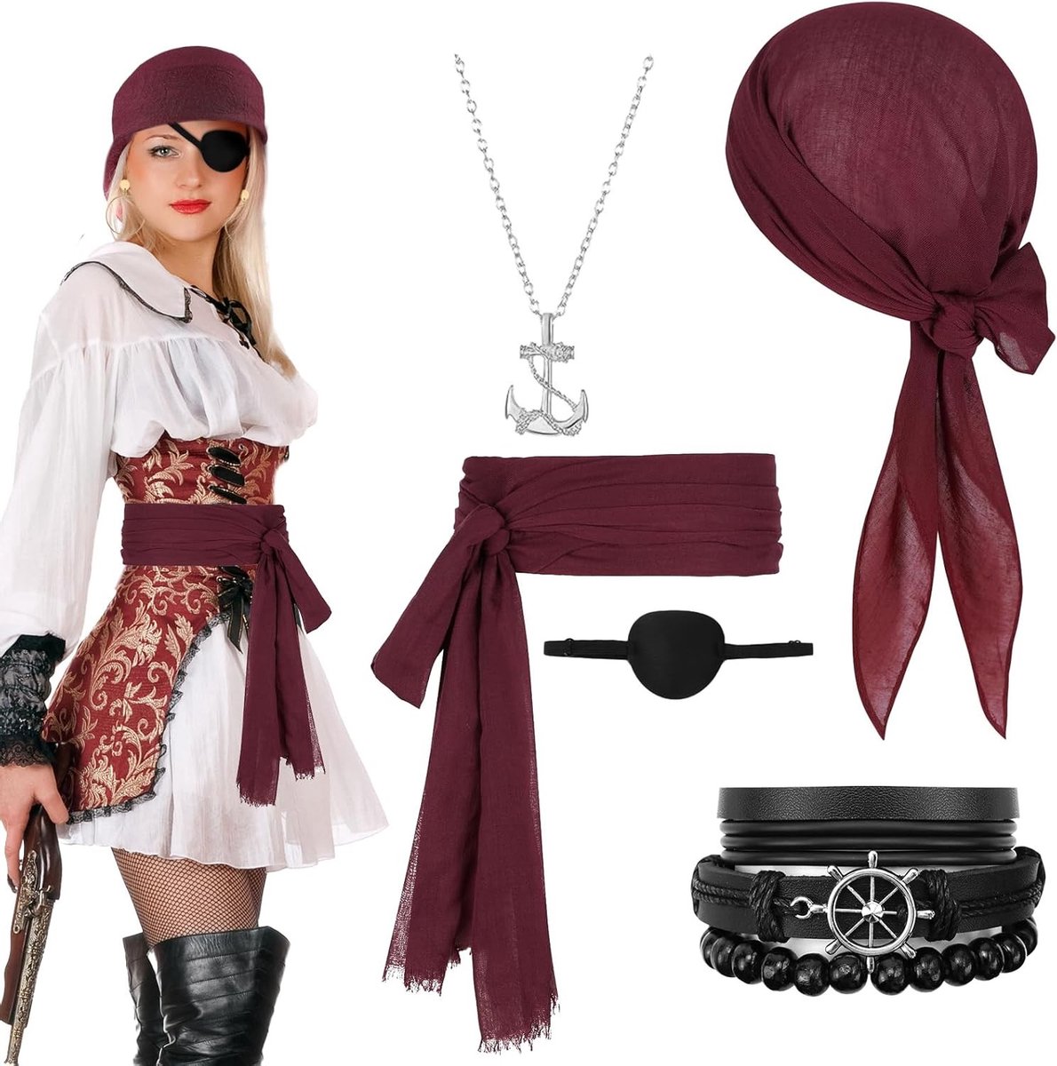 Piratenkostuum Set met 5 Accessoires voor Mannen en Vrouwen - Piratenhoed, Ooglapje en Meer