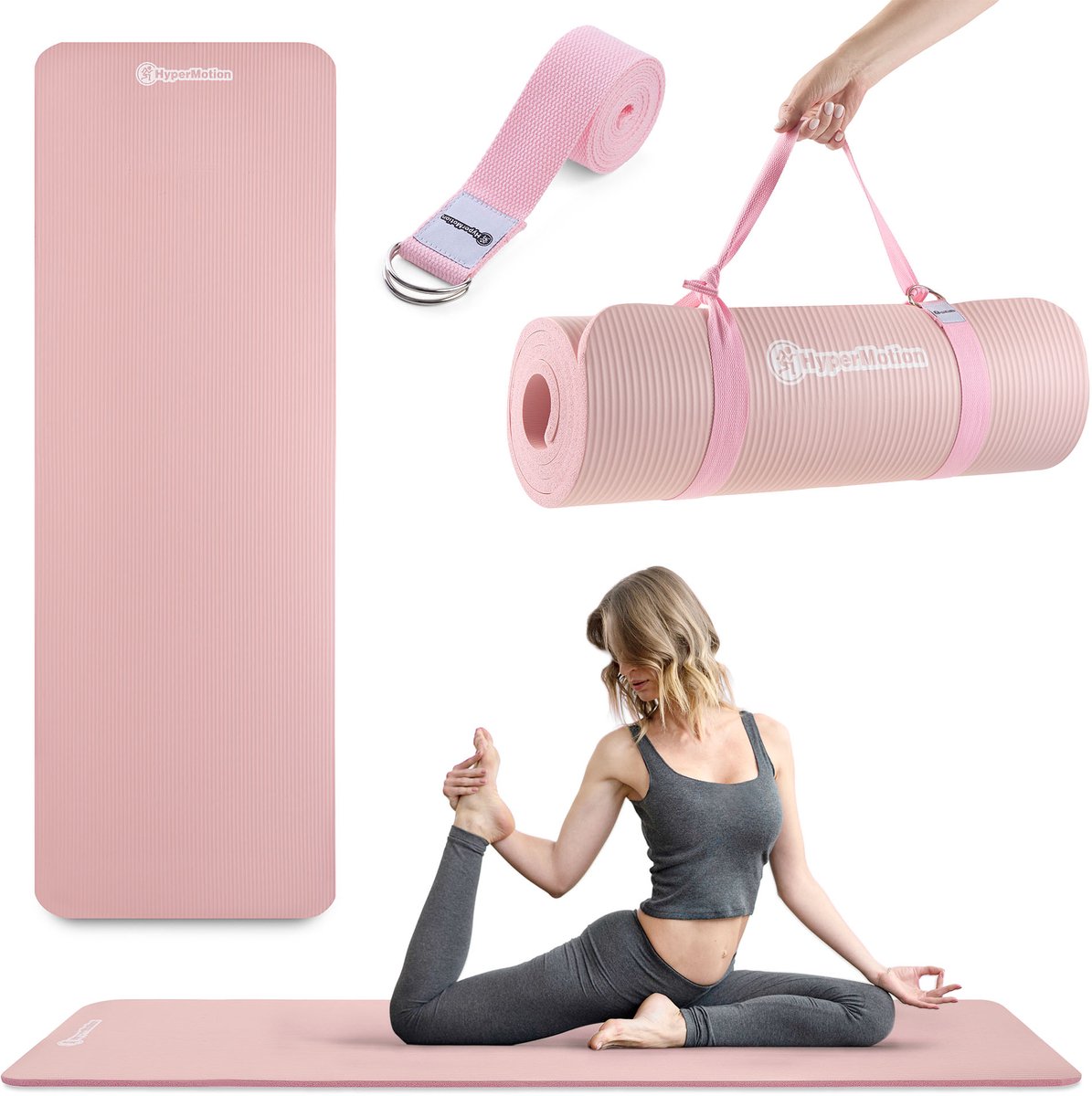 HyperMotion Yogamat Fitnessmat NBR 183x61x1,5 cm – Inclusief Yogariem – Roze