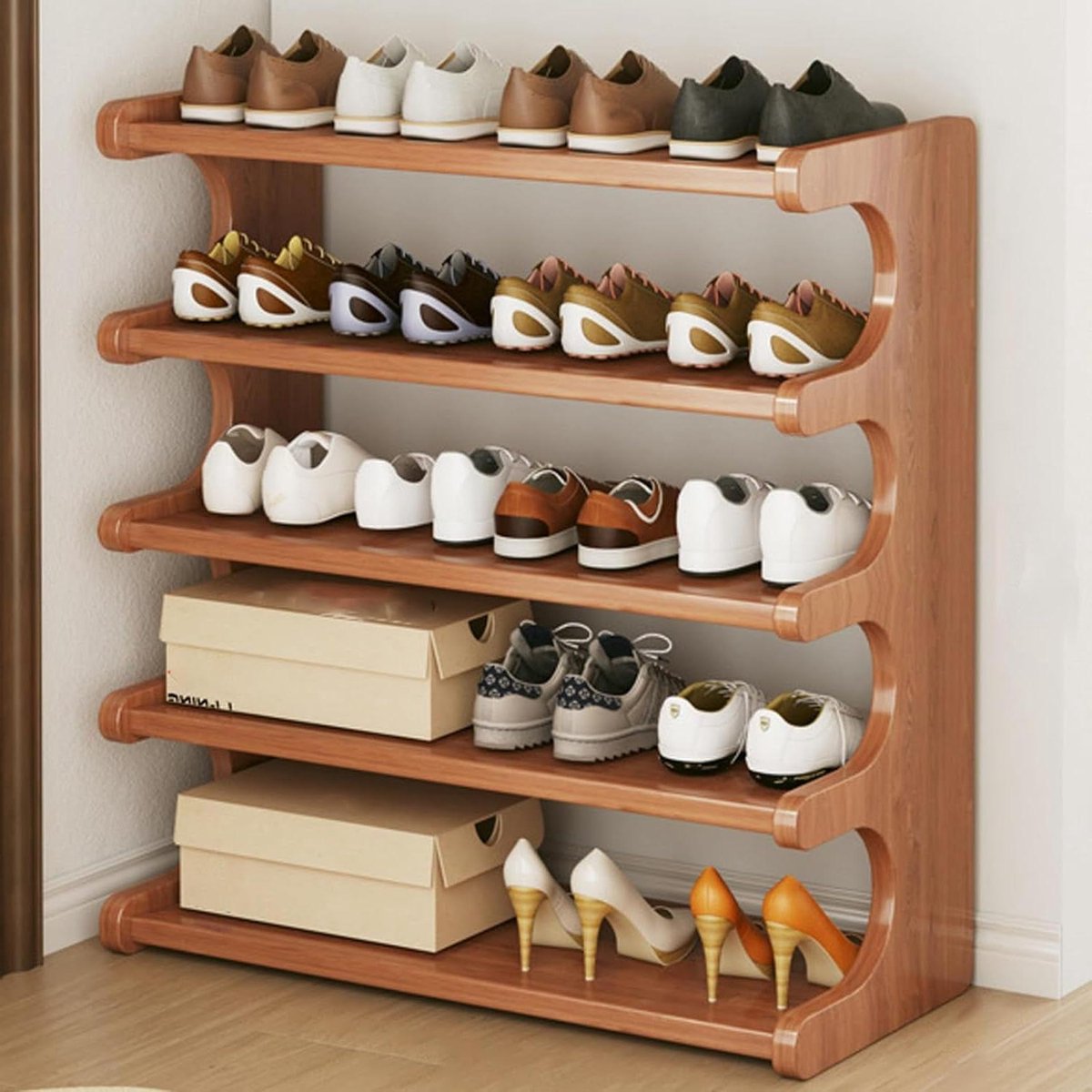 Schoenenrek - Opberger - Ruimte Besparen - Multifunctioneel - Smal en Hoog - Houtkleur