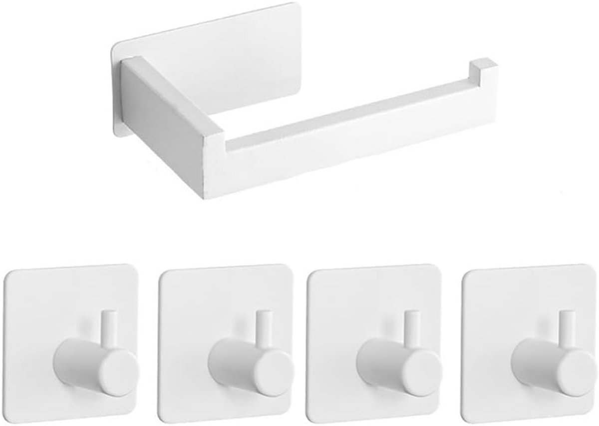 Toiletpapierhouder Set - Zelfklevend Roestvrij Staal - 1 Houder en 4 Haken - Boorvrij Installatie - Voor Badkamer en Keuken - Wit