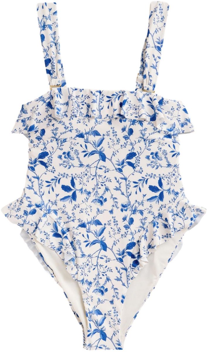 Next Dames - Buikcorrigerend bandeaubadpak met print en franje - Crème Cream/Blue Ditsy Floral