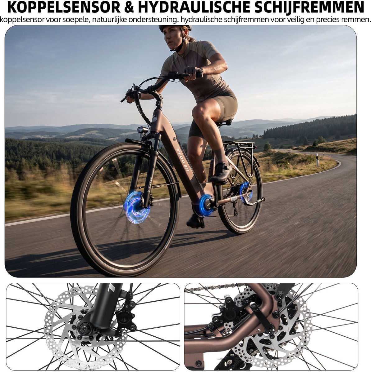 Elektrische Stadsfiets TTGO C7 SE - 28 INCH Banden - 250W Bafang Middenmotor - 36V18Ah Accu - Bereik tot 140km - Shimano 9 Versnellingen - Bruin thumbnail 4