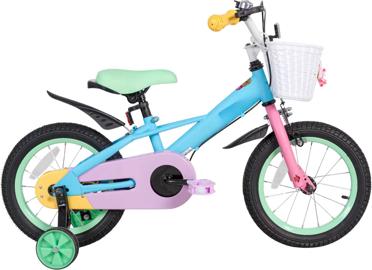 Happiq Kinderfiets 30–46 cm – Voor meisjes van 2–8 jaar voor dagelijks gebruik en spel – Met stabilisatoren voormand en standaard – Blauw frame