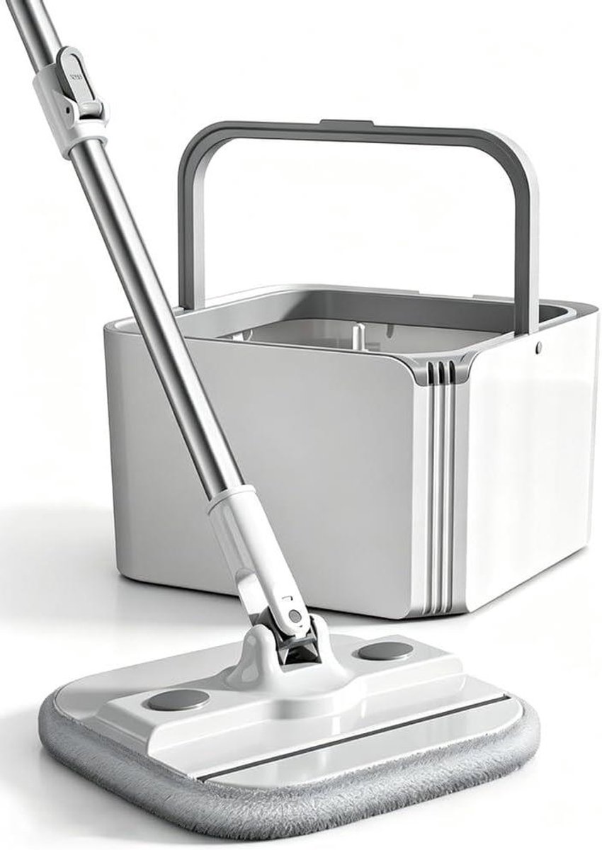 Vlakmop Emmer Set - Dweil Systeem - Vloeren Reinigen - Handsfree Wringen - Dubbel Kamer - Grijs