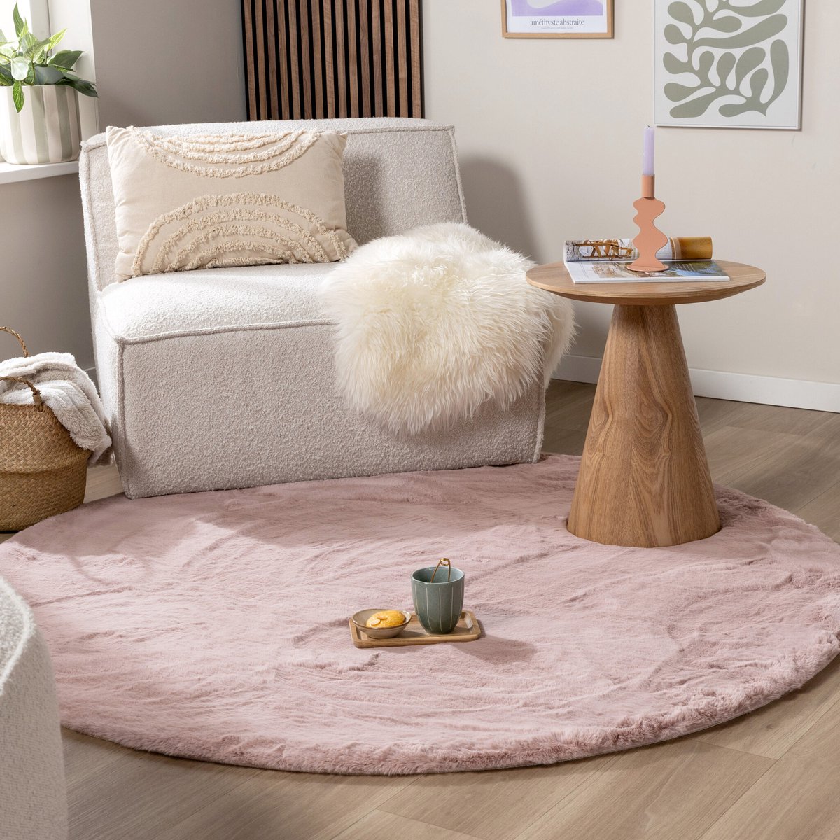 NATURL. Rond Hoogpolig vloerkleed - Comfy Supreme Roze - Ø 230cm