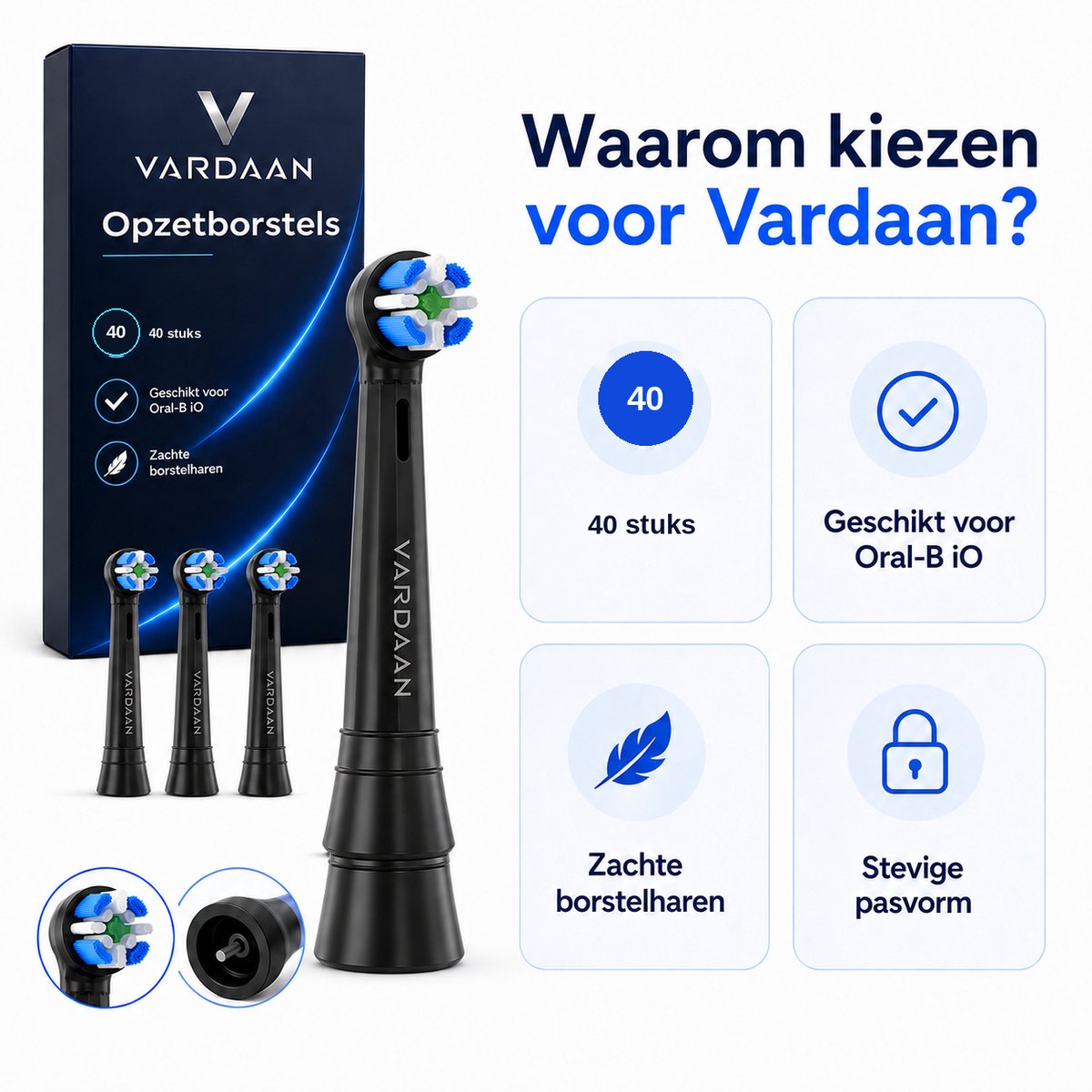 Vardaan Opzetborstels - Geschikt voor Oral-B iO Series 3 4 5 6 7 8 9 10 - Universele Elektrische Tandenborstel Opzetborstels - Tandplakverwijdering - Gezonder Tandvlees - Normale Borstelharen - Wittere Tanden - Poetskop Vervanging - Zwart - 40 Stuks