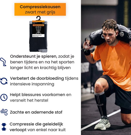 Een verpakking met zwarte en grijze R2B compressiekousen voor heren en dames.