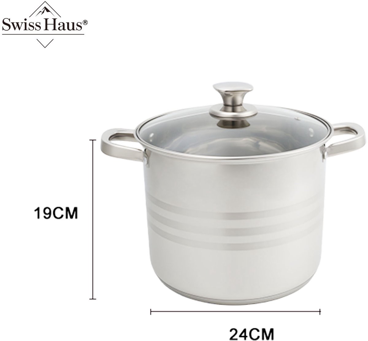 Swiss Haus® NC24SP Soeppan Met Deksel - Ø24cm / 8,5L - Kookpan - Geschikt Voor Inductie & Alle Warmtebronnen - Vaatwasser & Ovenbestendig - RVS — afbeelding 2