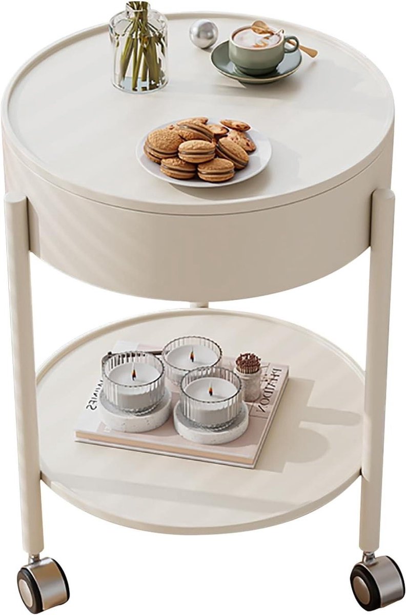 Ronde Salontafel - Bijzettafel - Woonkamer Inrichten - Verborgen Opbergvak - 35x60cm - Wit