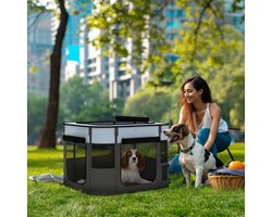 Opvouwbare Puppyren 74x60x45 cm - Welpenren Met Netdeuren En Vensters - Grijze Puppybox Voor Kleine Honden En Kleindieren Binnen/Buiten