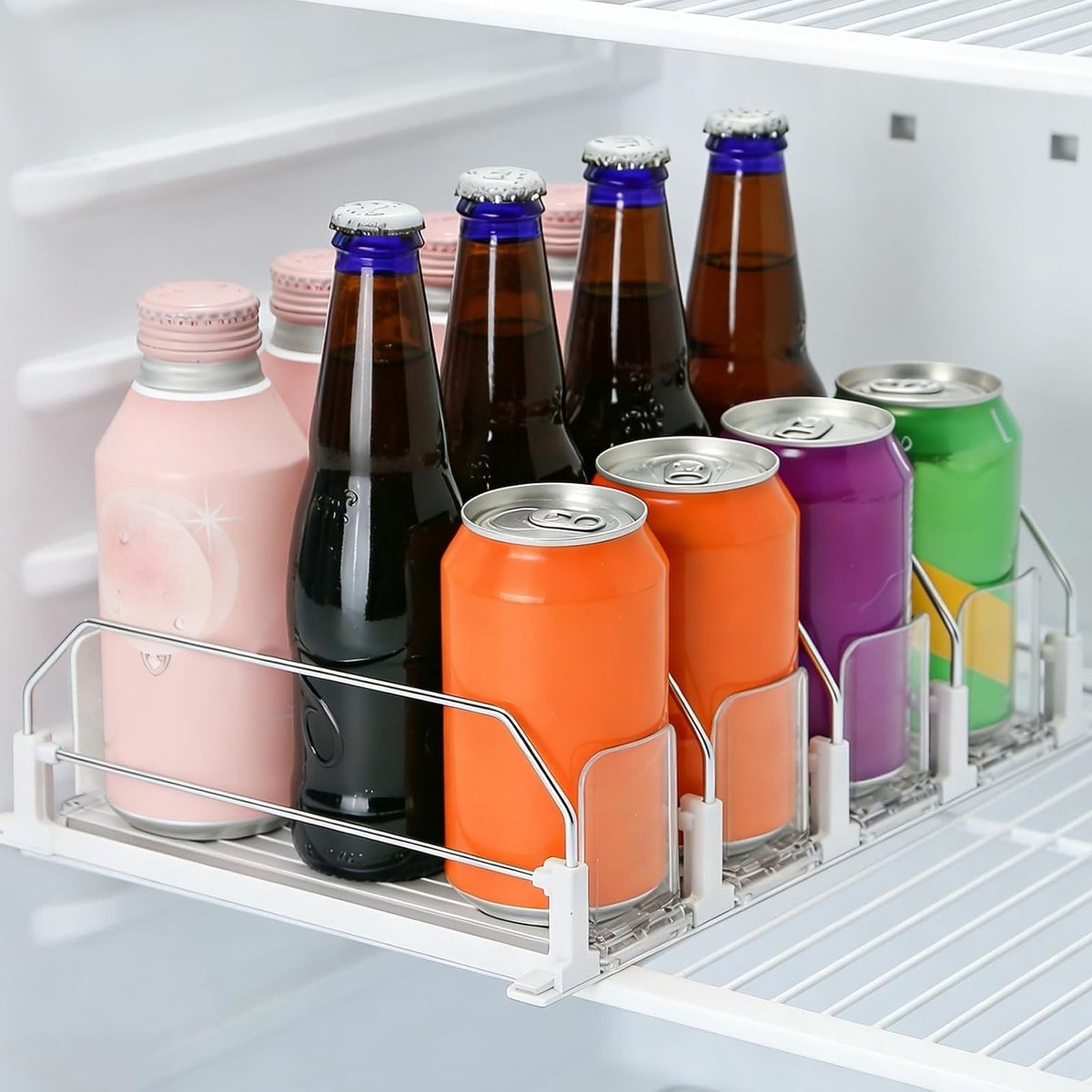 Automatische drankdispenser voor koelkast, 4 rijen, koelkastorganizer voor keuken en opslagruimte, 34×31 cm, ideaal voor blikjes en flessen