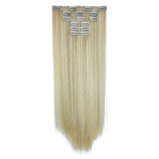 Lange, steile, lichtblonde clip-in haar-extensions, op een witte achtergrond.