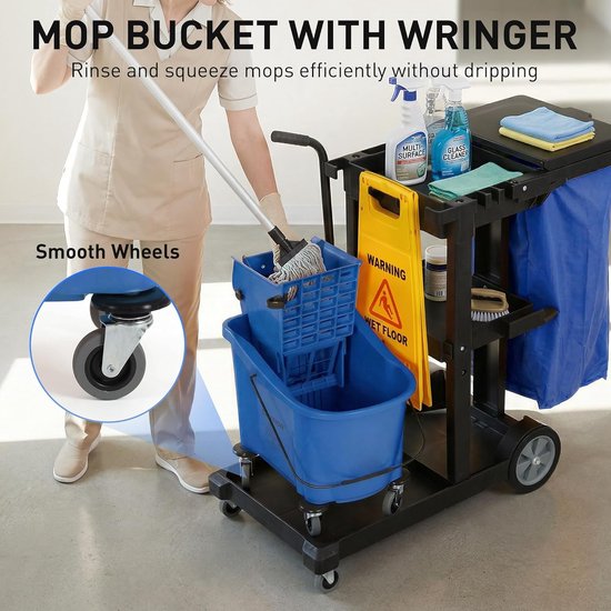 Reinigingswagen met niveaus - Dweilwagen met pers - Efficiënt schoonmaken - Geïntegreerd afvalbeheer - 70 liter zak - Blauw — afbeelding 5