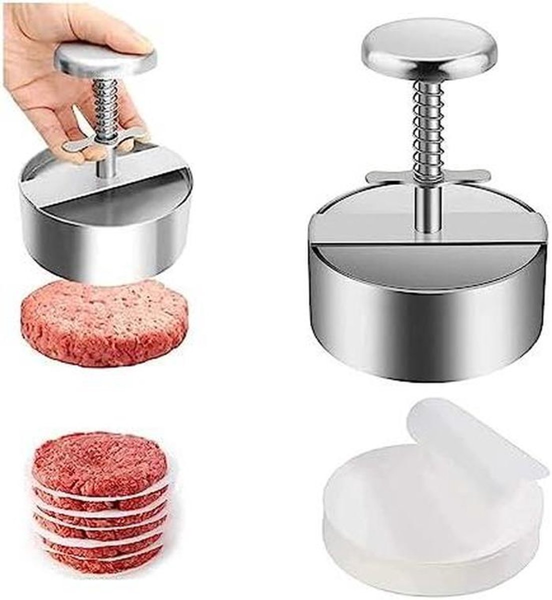 Burger Patty Maker - Vleespers Hamburger - Zelf Hamburgers Maken - Verstelbare Dikte - 100 Patty Papers - Zilverkleurig