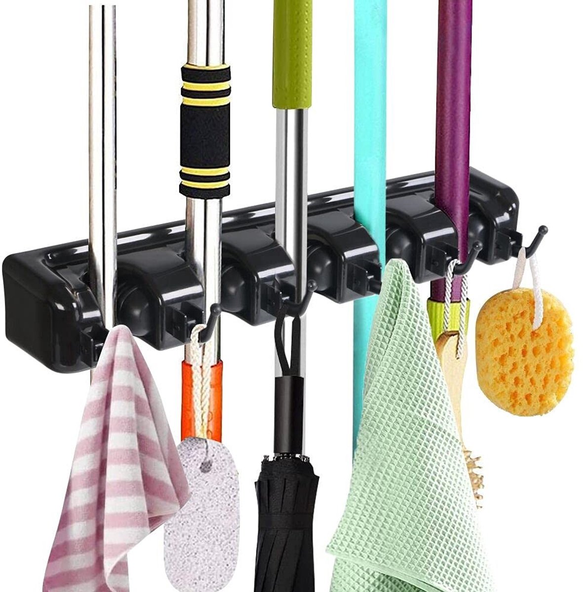 Solidchoice - Dailygoody - Broom Holder Wall - Broom Organizer - Ruimtebesparend - Zwart - Moppenset - Ideaal voor Keuken en Garage - 6 Slots en 5 Haken