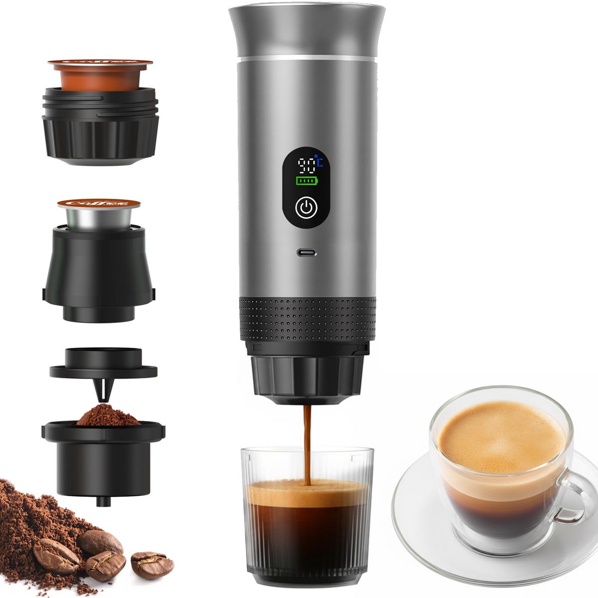 Fokelyi - Draagbare Elektrische Espressomachine - Capsule Koffie - Gemalen Koffie - Espresso - Oplaadbaar - Mini - 60ml - Grijs