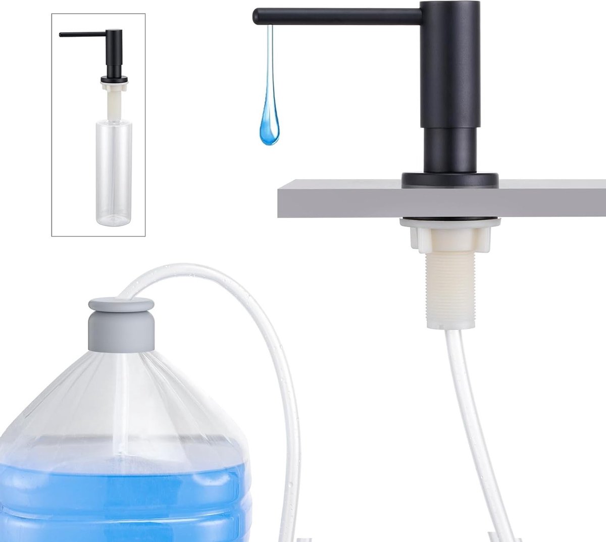 Zeepdispenser voor keukenspoelbakken - Inbouw in werkblad - 500 ml fles - 1 m verlengslang - Bovenaf vullen - RVS - Zwart