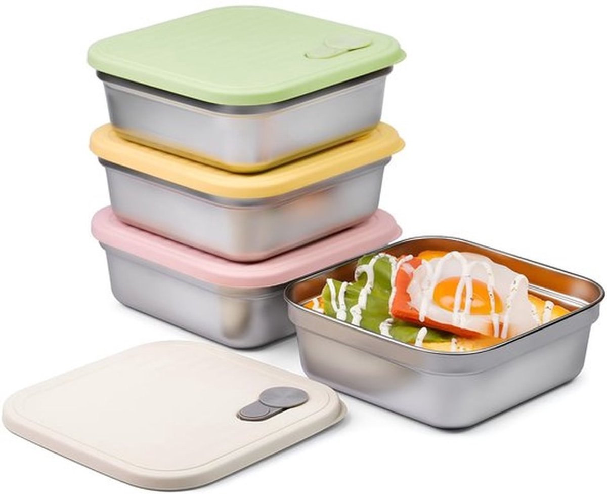 Lunchbox - Set van 4 -Lunchbox rvs -Herbruikbare-Vaatwasmachinebestendig - Geschikt voor snacks en fruit