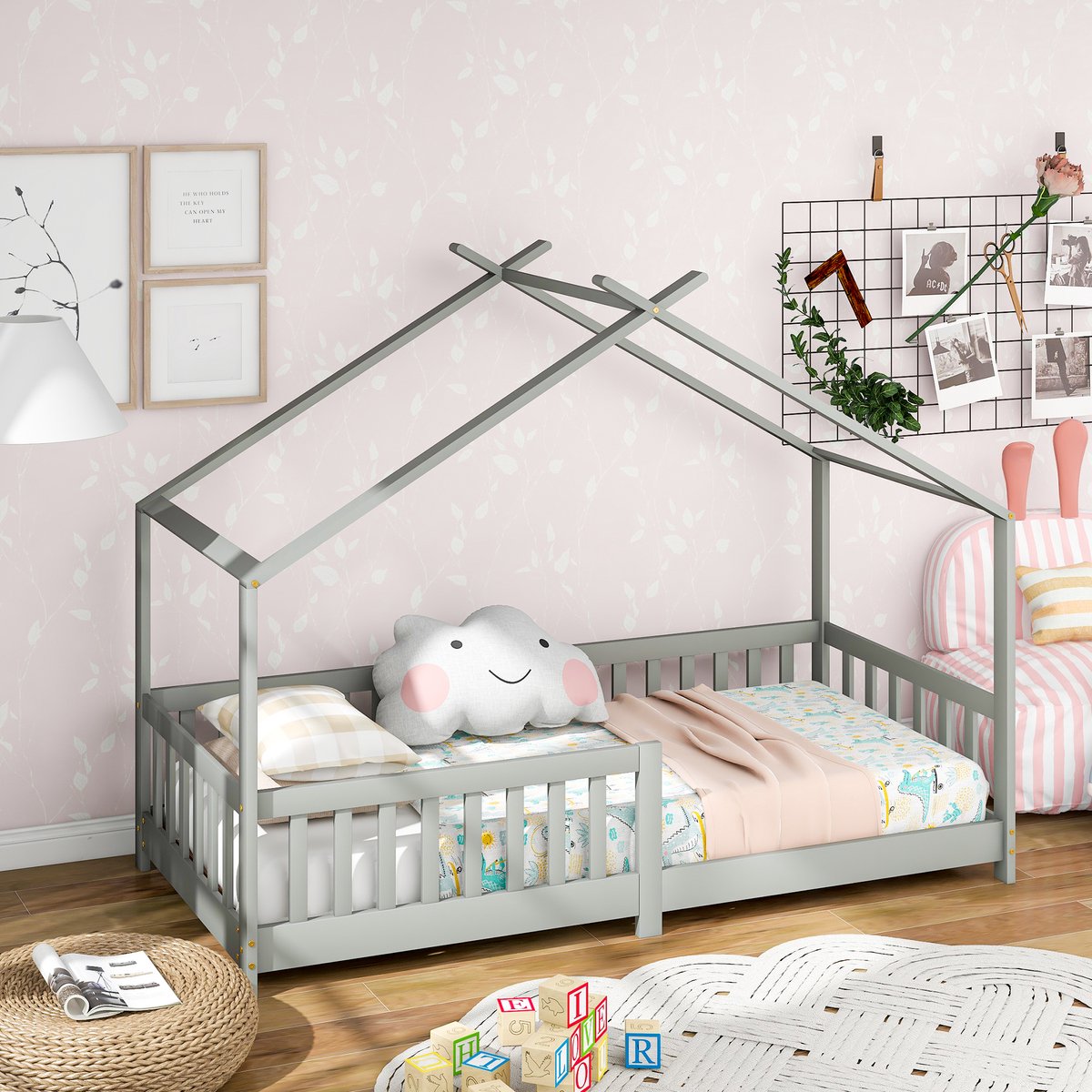 HAUSS SPOLE Huisbed 90x200 cm - Kinderbed Met Veiligheidshek en Lattenbodem - Zonder Matras - Massief Grenen - Lichtgrijs