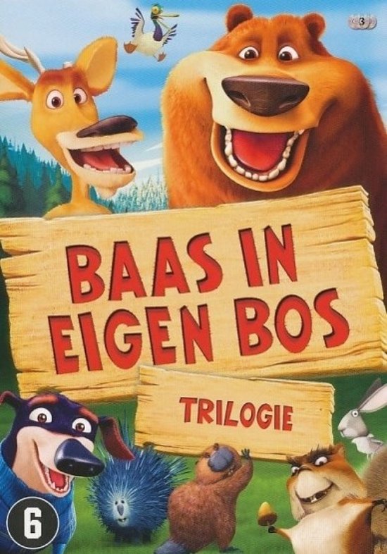 De dvd-hoes van Baas in Eigen Bos Trilogie toont een beer, een hert, een hond, een egel, een bever en een eekhoorn.