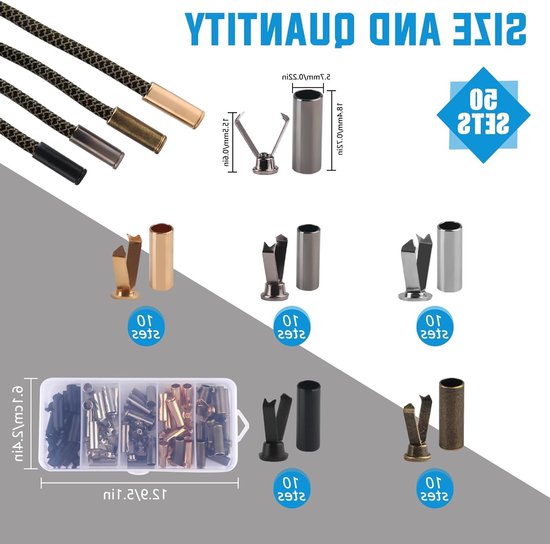 50 sets metalen koord eindstukken in 5 kleuren, hoogwaardige legeringen, ideale koordstoppers voor DIY projecten en reparaties van veters — afbeelding 5