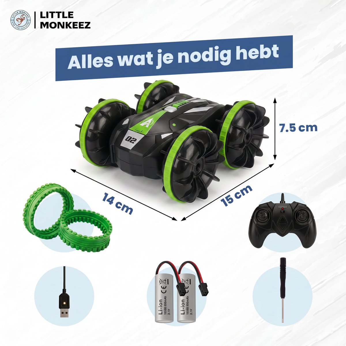 Little Monkeez RC Bestuurbare Auto - Groen - Afstandsbestuurbare Auto - Race Auto Radiografisch - Offroad Afstandbestuurbaar - Waterdicht - Extra Accu — afbeelding 8