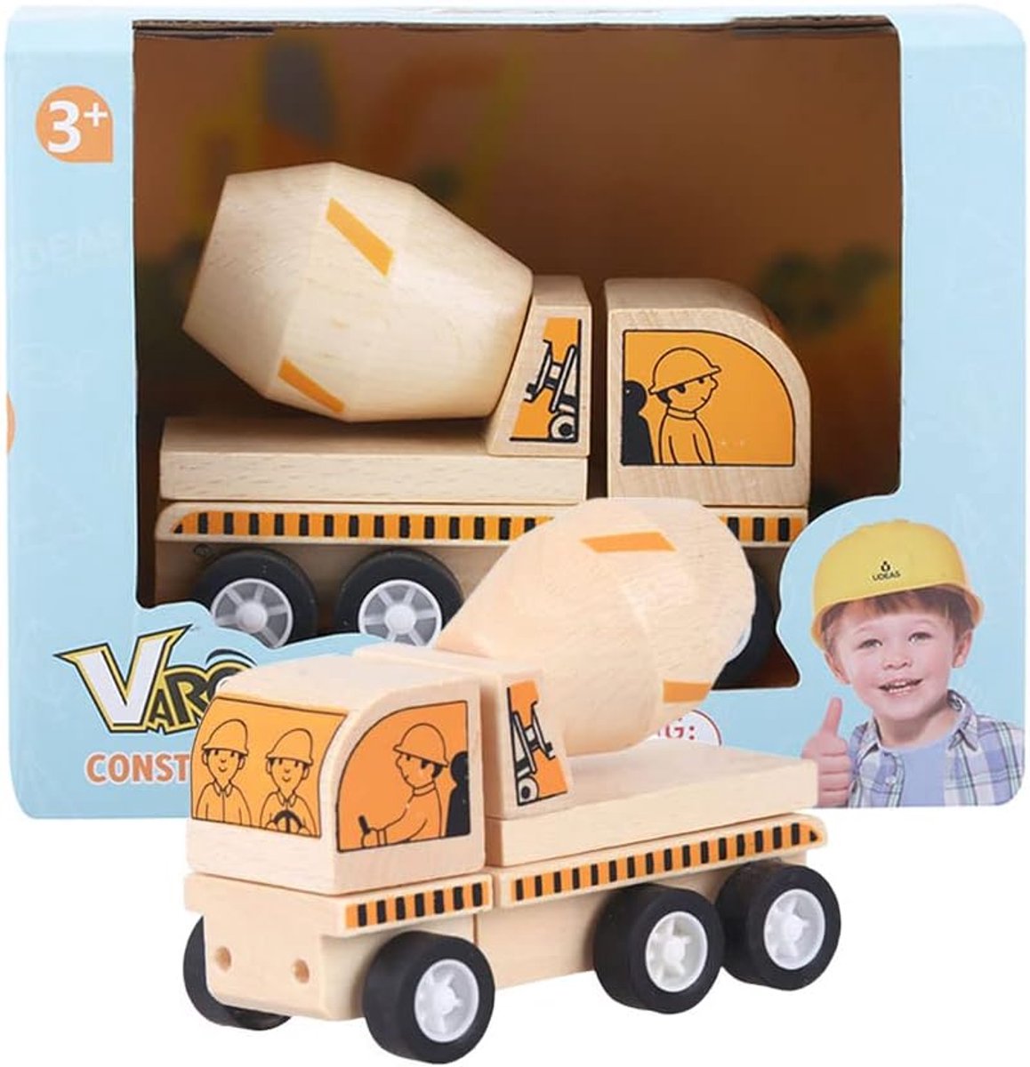 Houten Betonmixer - Bouwvoertuig Speelgoed - Buiten Spelen - Draaibare Mixer - 10.5 x 5.5 x 7 cm - Helder Gekleurd