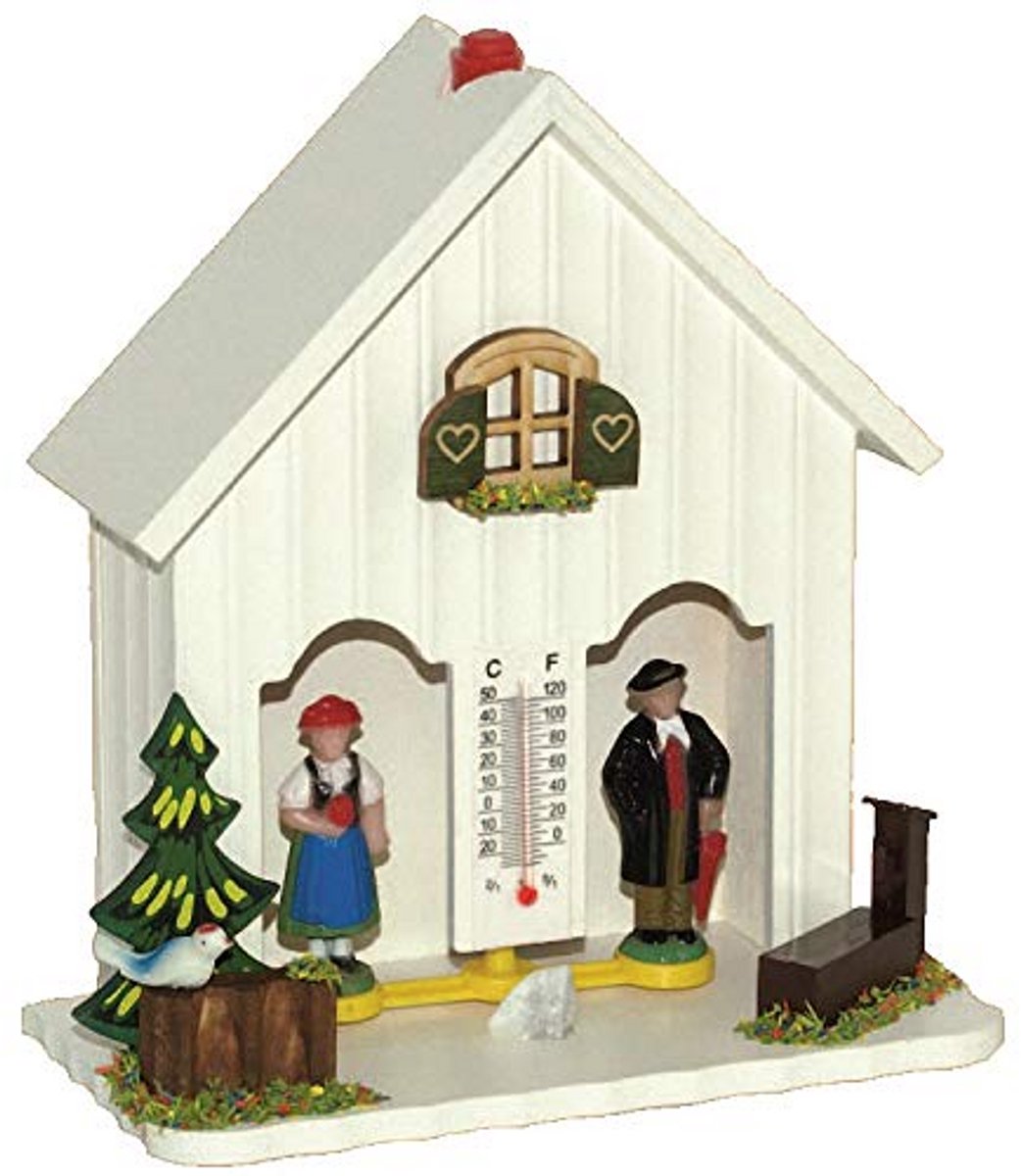 Weerhuisje Hout - Weerindicator Huisje - Weersvoorspelling Thuis - Gemaakt in Duitsland - 13 x 14.5 cm - Wit