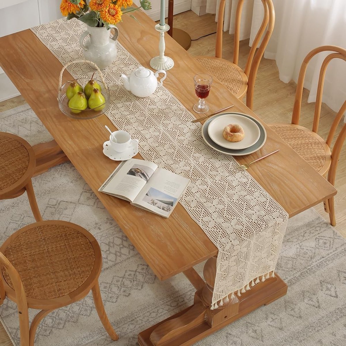 Dailygoods- Tafelloper Klassiek Beige - Haakwerk/Kant - Vintage - Tafelkleed - Tafeldecoratie - 30 x 145 cm - Duurzaam Materiaal