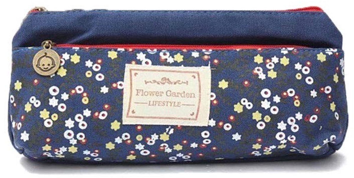 Dailygoods- Pennenetui 2-vaks - Vintage Canvas - Bloemenpatroon - Make-uptas - Ritssluiting - Multifunctioneel - 20 cm lengte - Etui