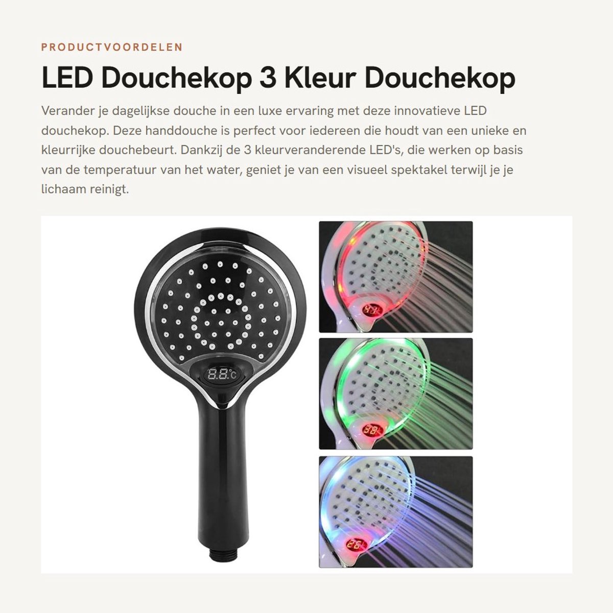 Dailygoods - LED Douchekop - 3 Kleur Douchekop - Hydraulisch Voeding - Handheld Douche - Digitale Temperatuurweergave - Geschikt voor Badkamer - Kleur...