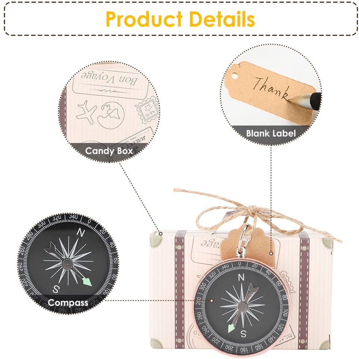 Dailygoods- Kompas Geschenkdose Set - 20 Stuks - Mini Koffer - Decoratieve Souvenirs - Bruiloft/Party - Inclusief Hennep en Tags - Trouwbedankjes