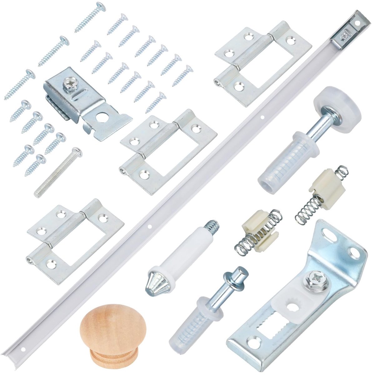 Dailygoods- Vouwdeur Reparatieset met 61cm Rail - Scharnieren - Schroeven - Houten Handgreep - Veeraxel - Veerclip - Deuren Reparatieset